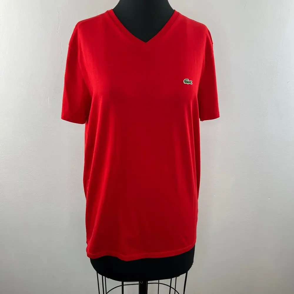 LACOSTE Red Pima Cotton V-Neckline Short Sleeve Embroidered Logo T-Shirt Size M
